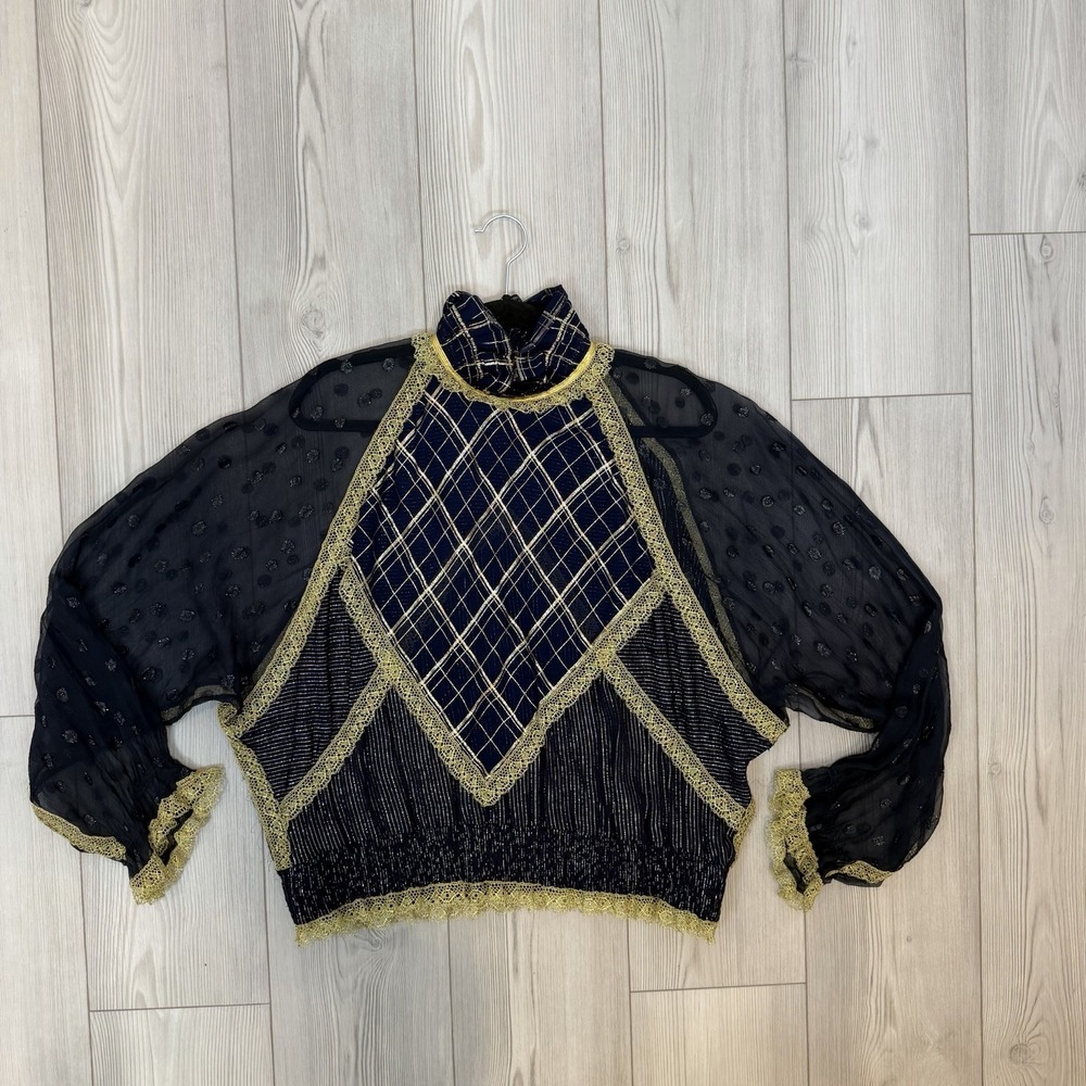 Koos Van Den Akker Couture 1980s Silk Blouse Shirt Sheer Pattern Navy Gold